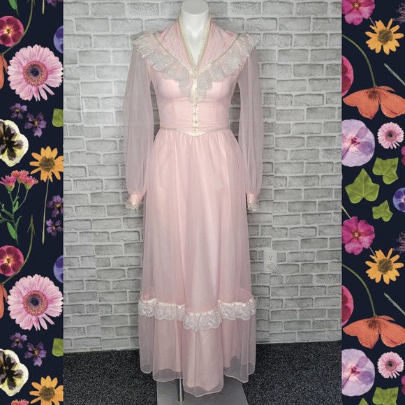 Vintage Dresses & Skirts - Vintage 70s Pink Prairie Romantic Formal Prom Dress
